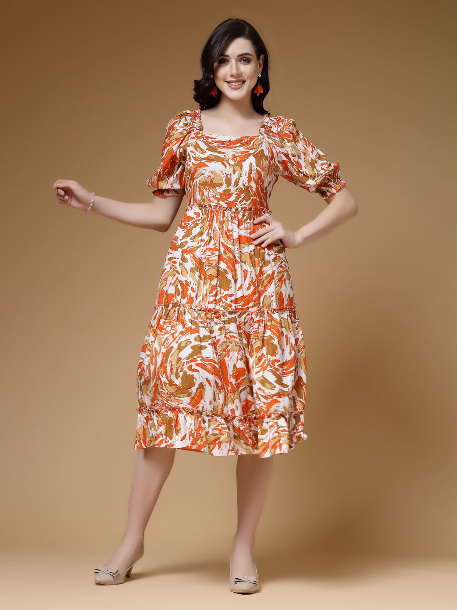 Indibelle Orange Printed Ethnic Dress
