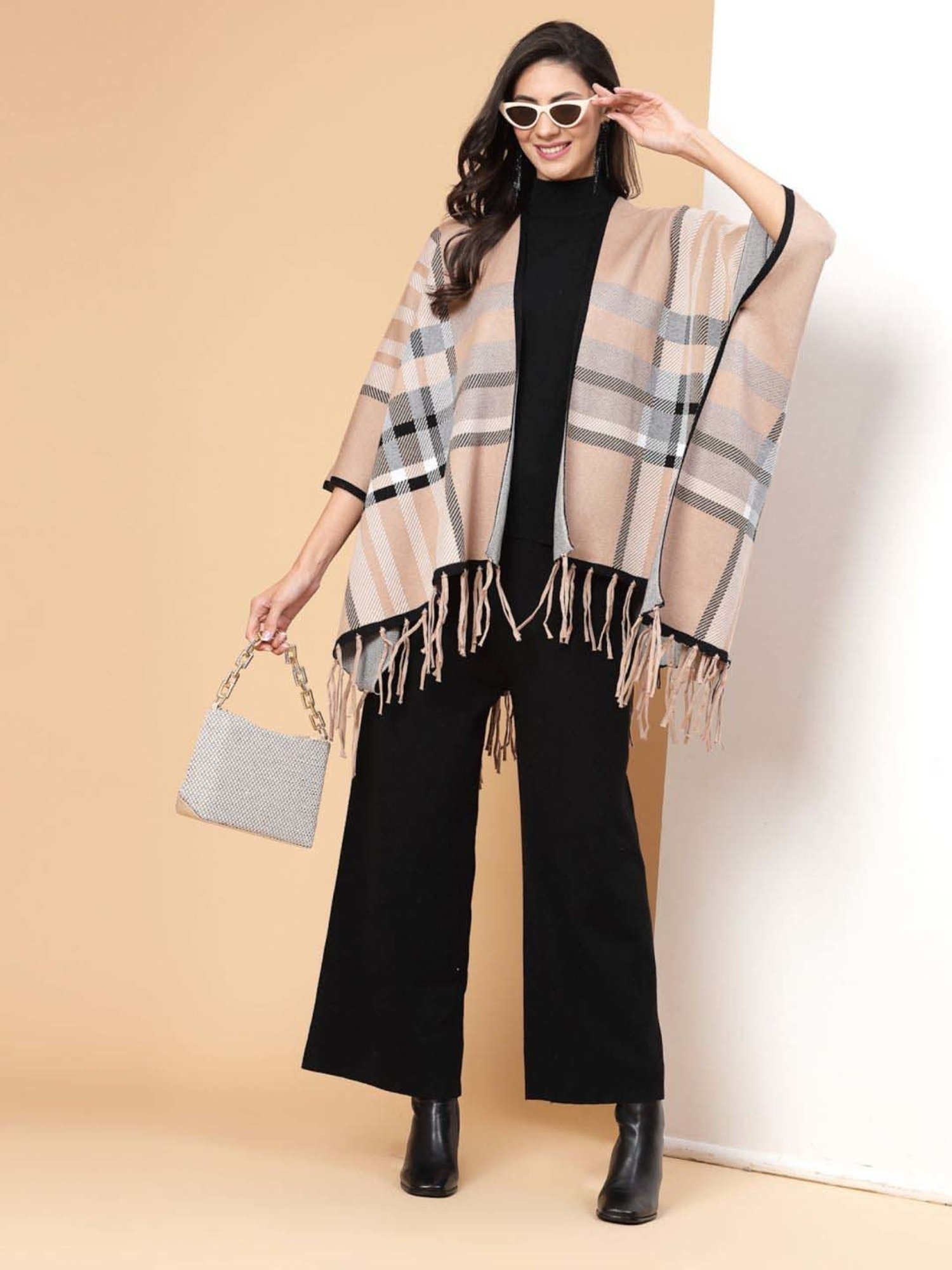 Mafadeny Khaki & Black Printed Top Pants Set With Shrug