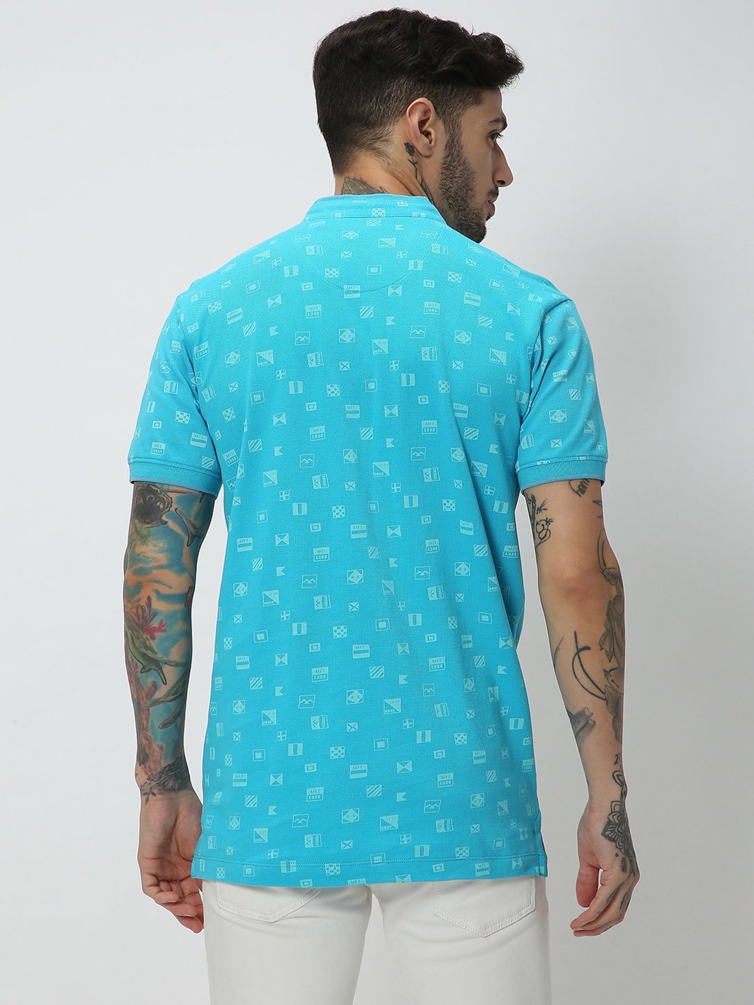 Mufti Light Blue Slim Fit Printed Mandarin Collar Cotton T-Shirt