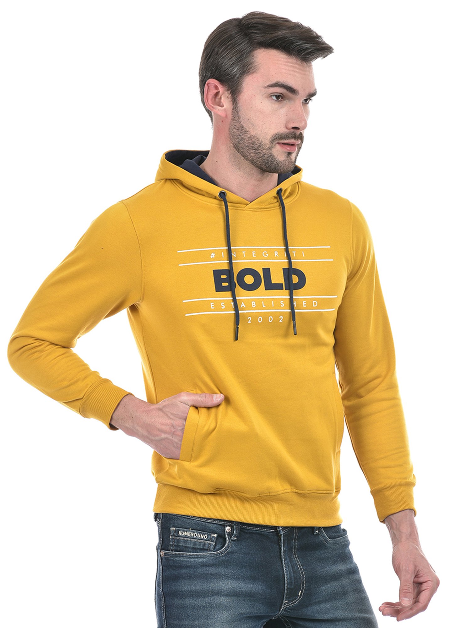 Integriti Mustard Regular Fit Printed Hooded Sweatshirt