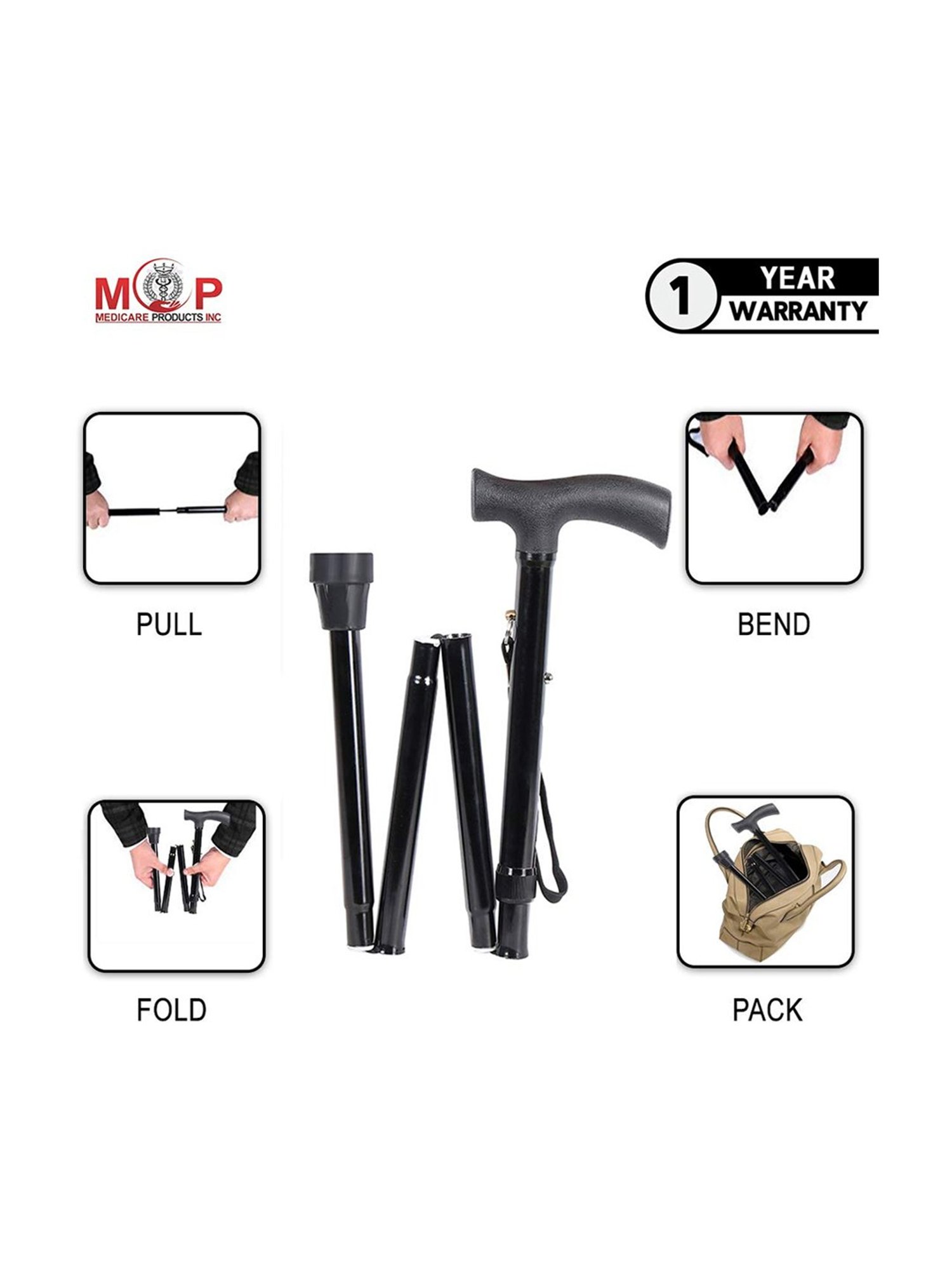 MCP Jindal 4 Folding Sections Folding Walking Stick (Black)