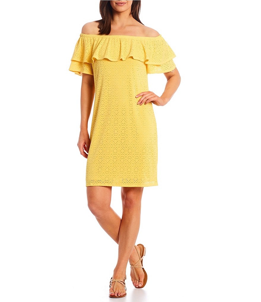 London Times Petite Size Off-the-Shoulder Eyelet Shift Dress