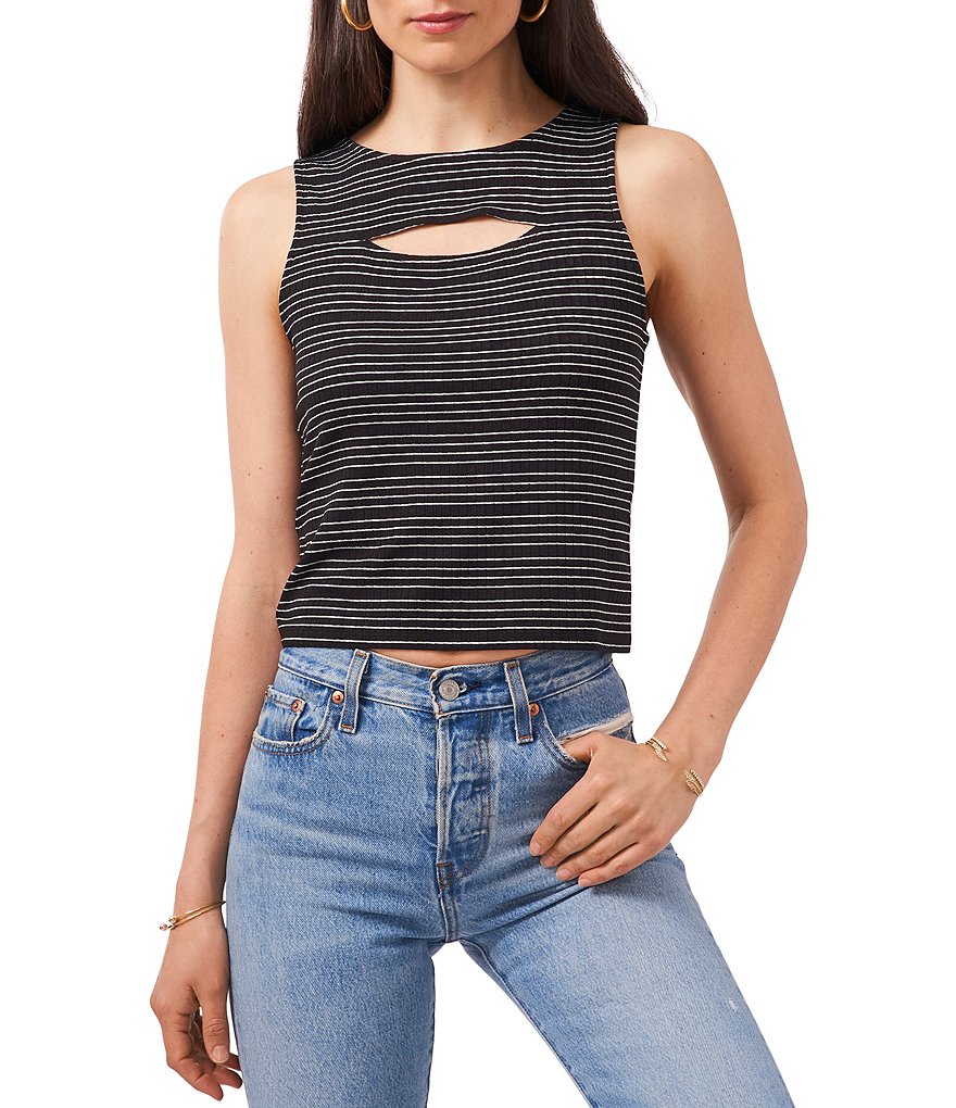 1. STATE Sleeveless Keyhole Cutout Crew Neck Striped Knit Tank