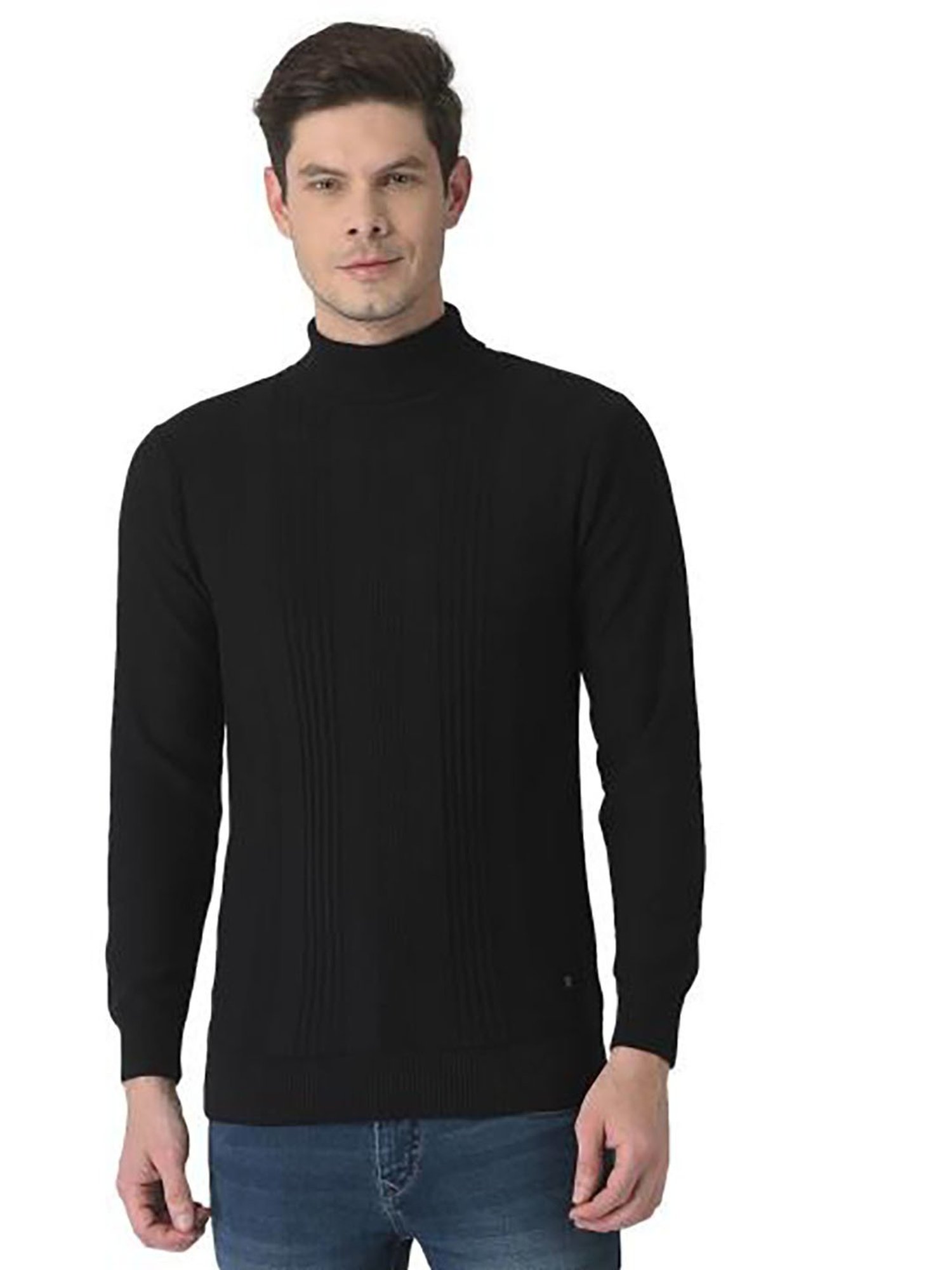 Turtle Black Cotton Regular Fit Self Desgin Sweater