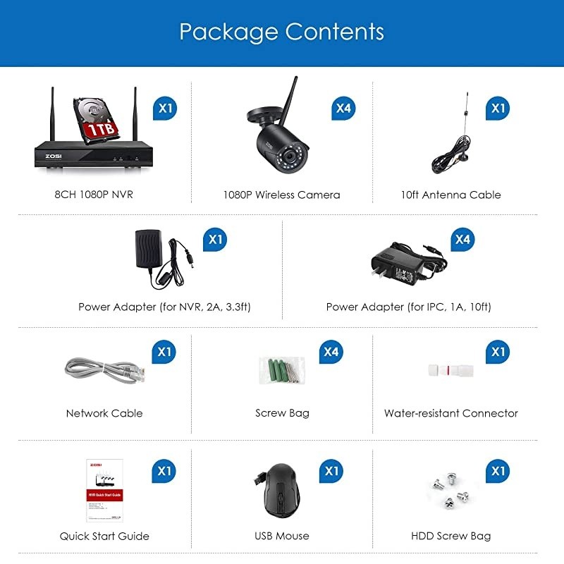 H.265+ 1080p Wireless Security Camera System for Home, 8CH Network Video Recorder (NVR) with 4 x 2MP Auto Match WiFi IP Camera Outdoor Indoor, 80ft Night Vision, 1TB HDD Included