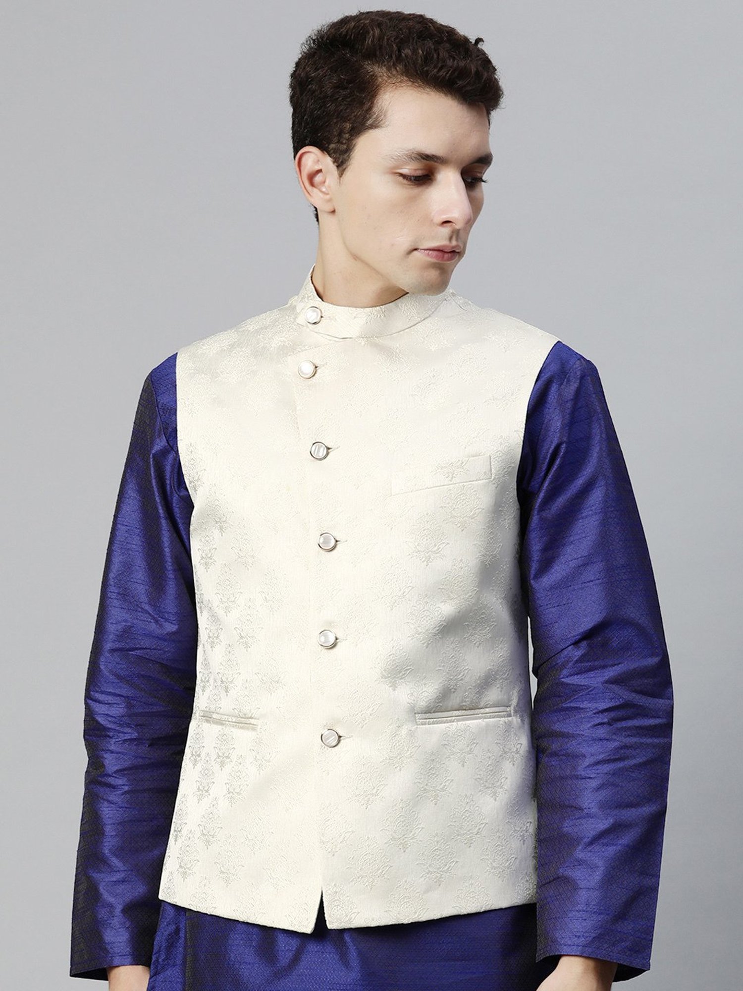 ManQ Cream Slim Fit Nehru Jacket