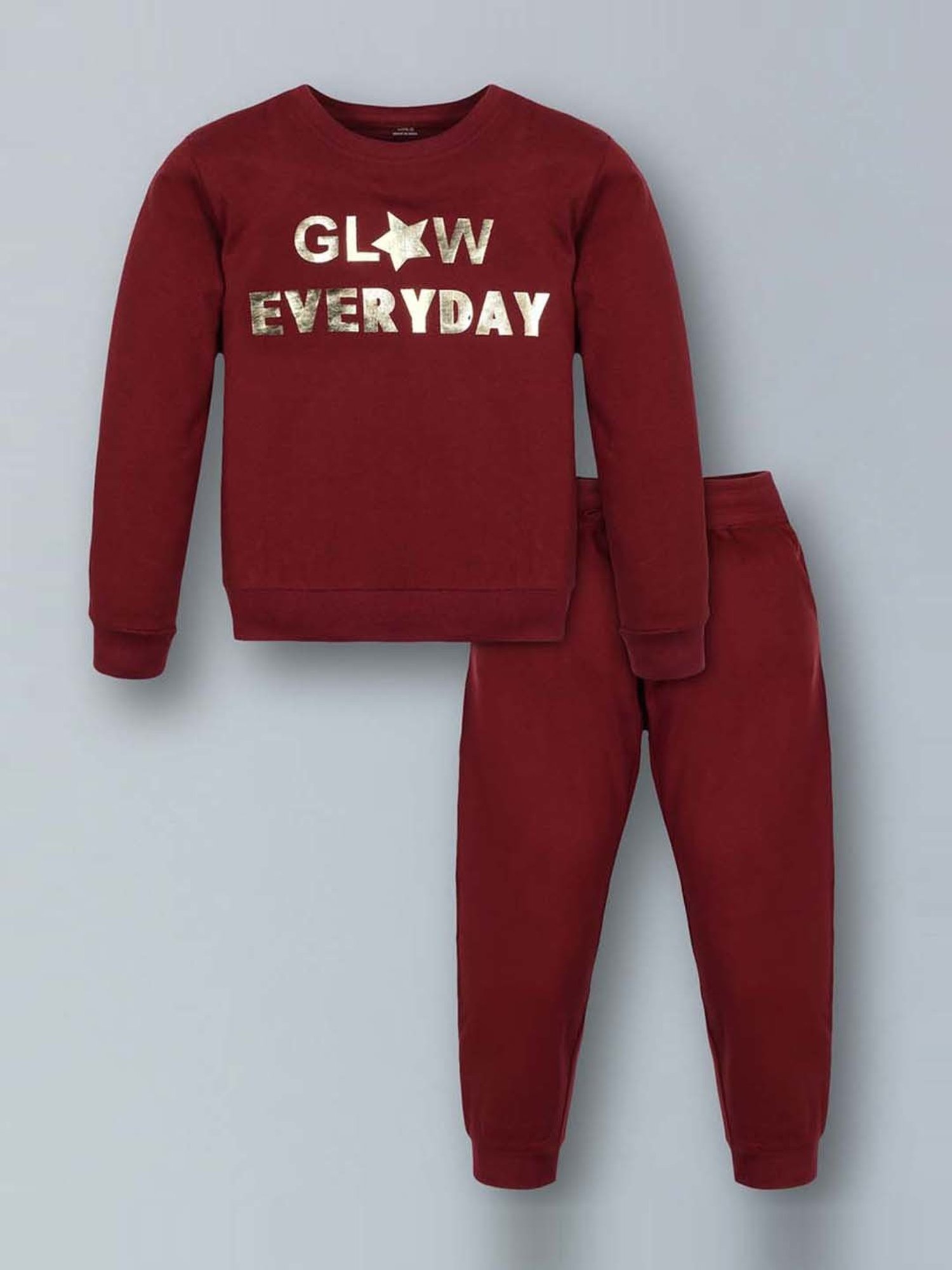 Plum Tree Kids Maroon & Gold Cotton Graphic Full Sleeves T-Shirt Set