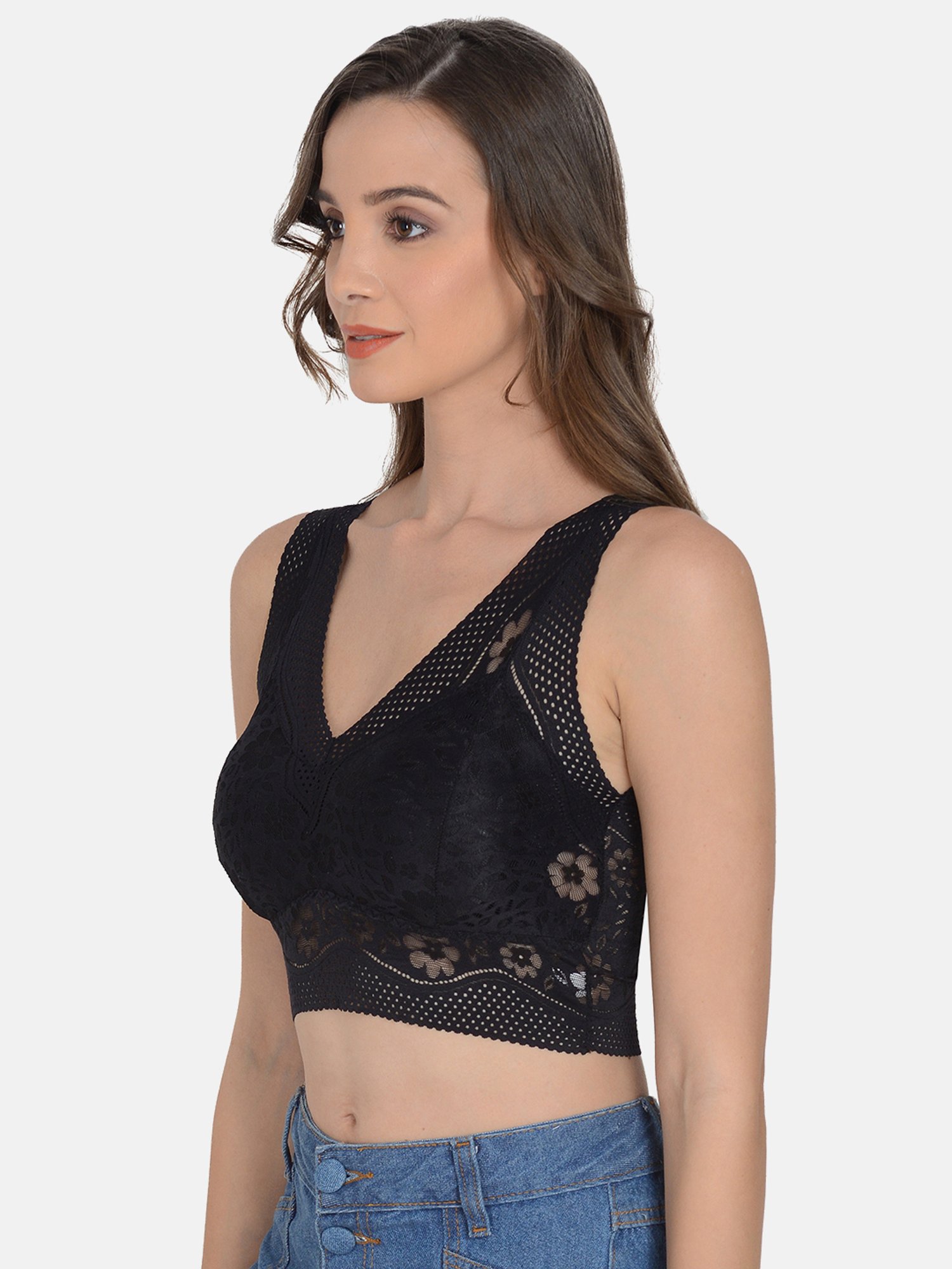 mod & shy Black Lace Work Removable Padded Bralette Bra
