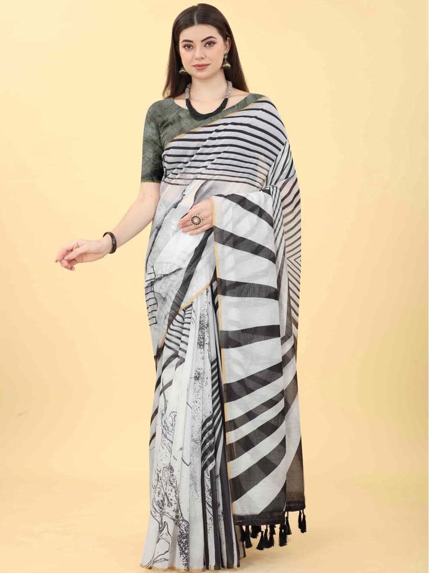 Silk Land White & Black Printed Saree With Unstitched Blouse