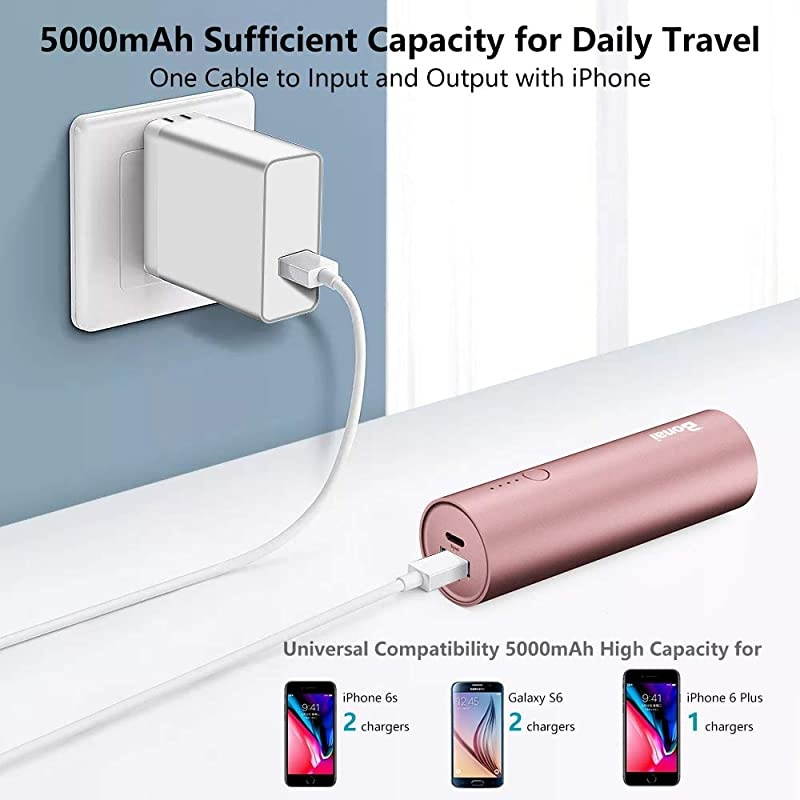 Portable Charger  UltraCompact Aluminum Power Bank 5000mAh Travel HighSpeed Output External Backup Battery Compatible iPhone iPad iPod Samsung Tablets PinkCharging Cable Included