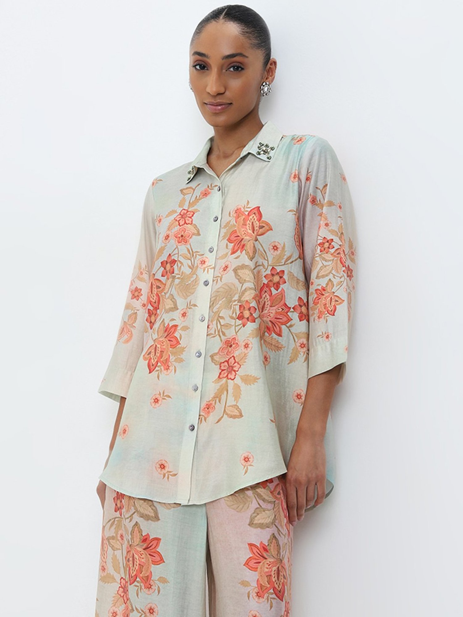 Vark by Westside Aqua Floral Embellished Tunic and Palazzos Set