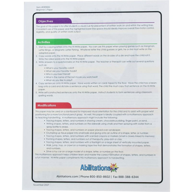 Abilitations Hi-Write Beginner Paper, Level 1, pk of 100 Sheets