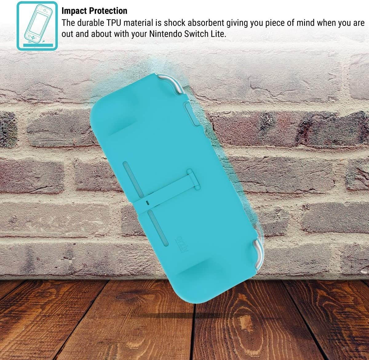 Orzly Grip Case for Nintendo Switch Lite &ndash; Case with Comfort Padded Hand Grips, Kickstand, Pack of Thumb Grips - Turquoise Blue