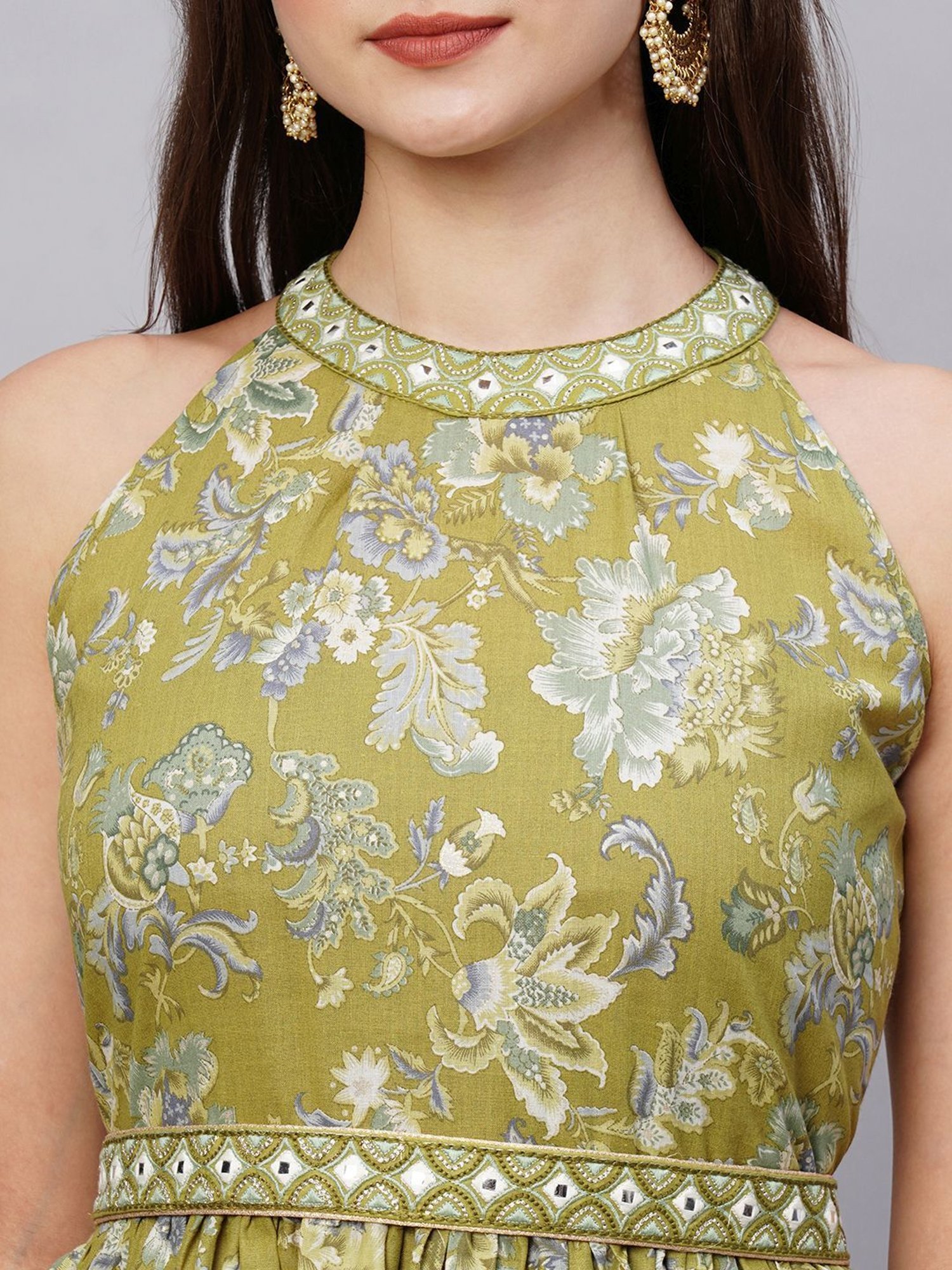 KIANA Green Cotton Printed Maxi Dress