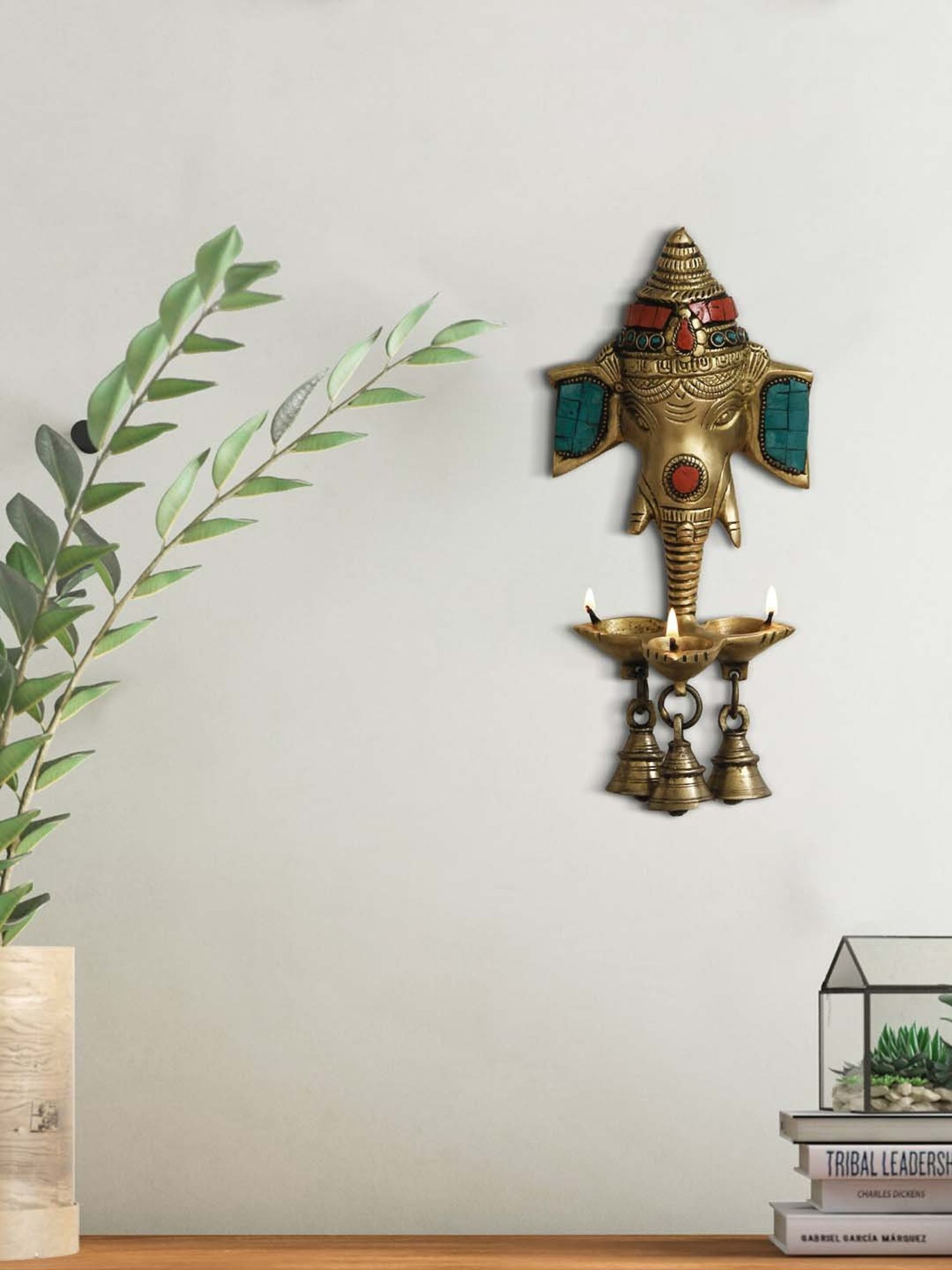 eCraftIndia Golden Brass Lord Ganesha Wall Hanging Decorative Diya - Set of 1