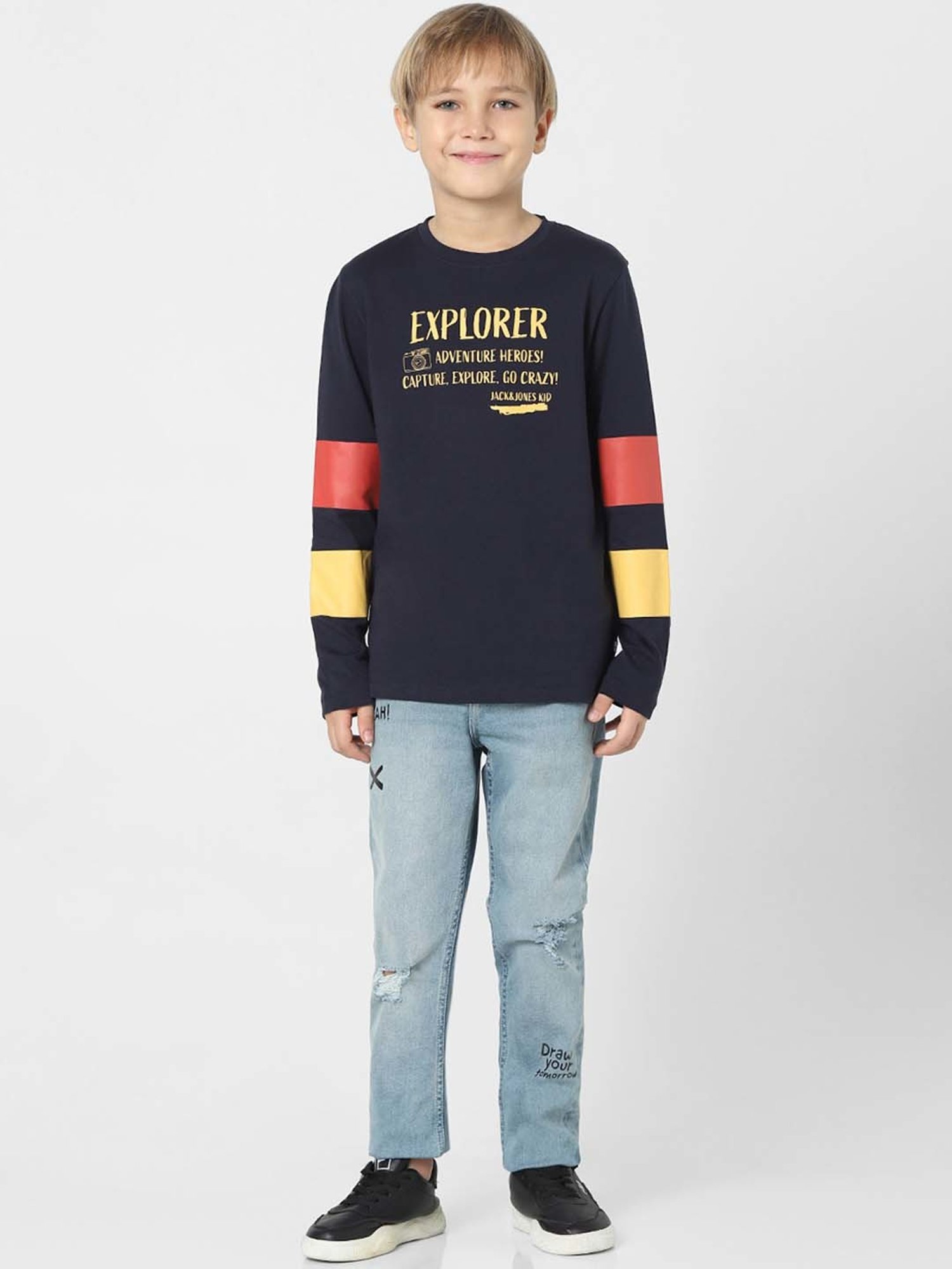 Jack & Jones Junior Blazer Navy & Yellow Cotton Printed Full Sleeves T-Shirt