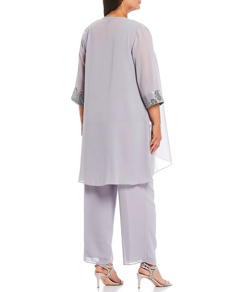 Le Bos Plus Size Crew Neck 3/4 Sleeve Chiffon Embroidered 3-Piece Pant Set