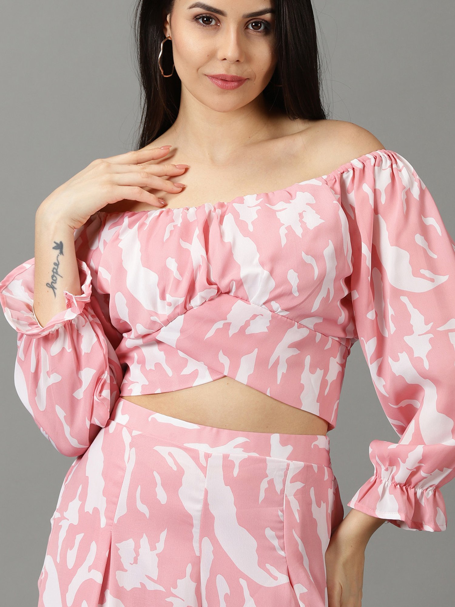 SHOWOFF Pink & White Printed Crop Top With Palazzos