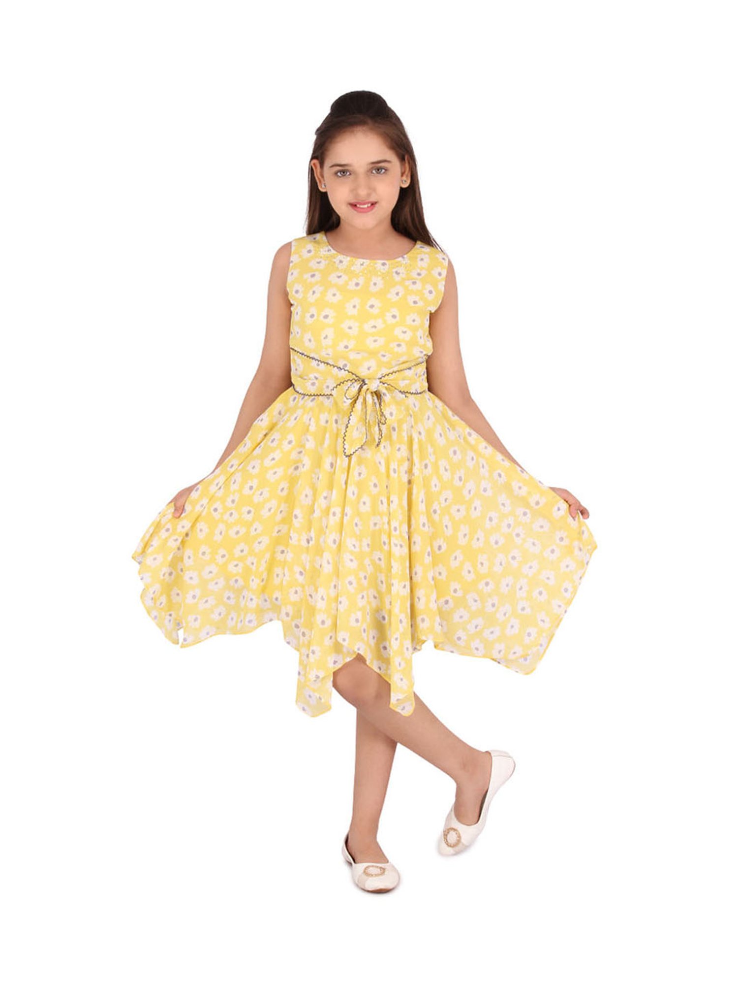 Cutecumber Kids Yellow Floral Print Dress with Belt