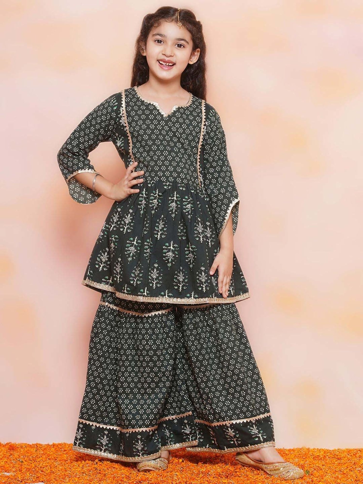 AJ Dezines Kids Black Cotton Printed Kurta Set