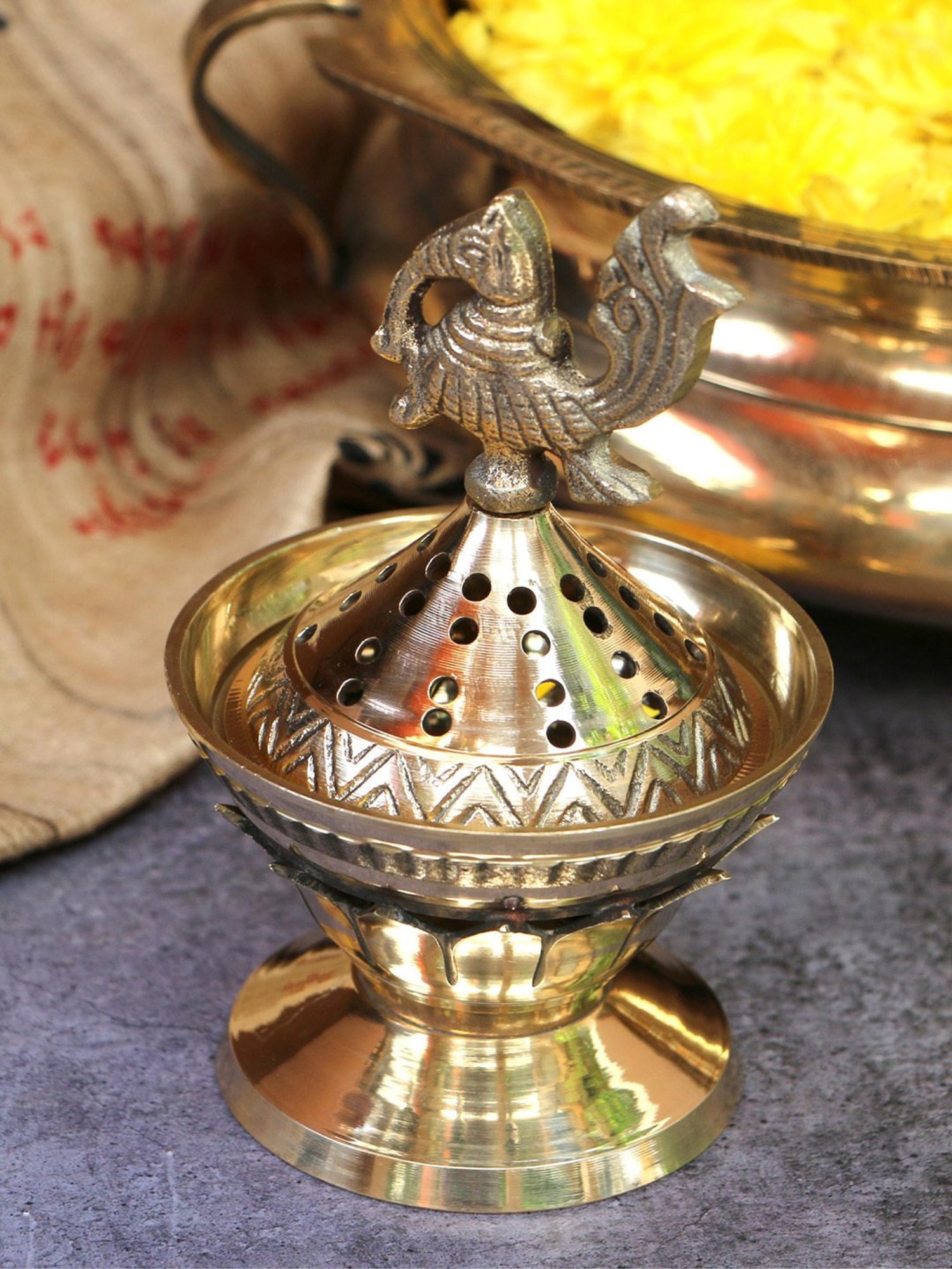 Ambi Lotus Base Peacock Top Brass Dhuni Loban Sambrani Incense Burner (Small)