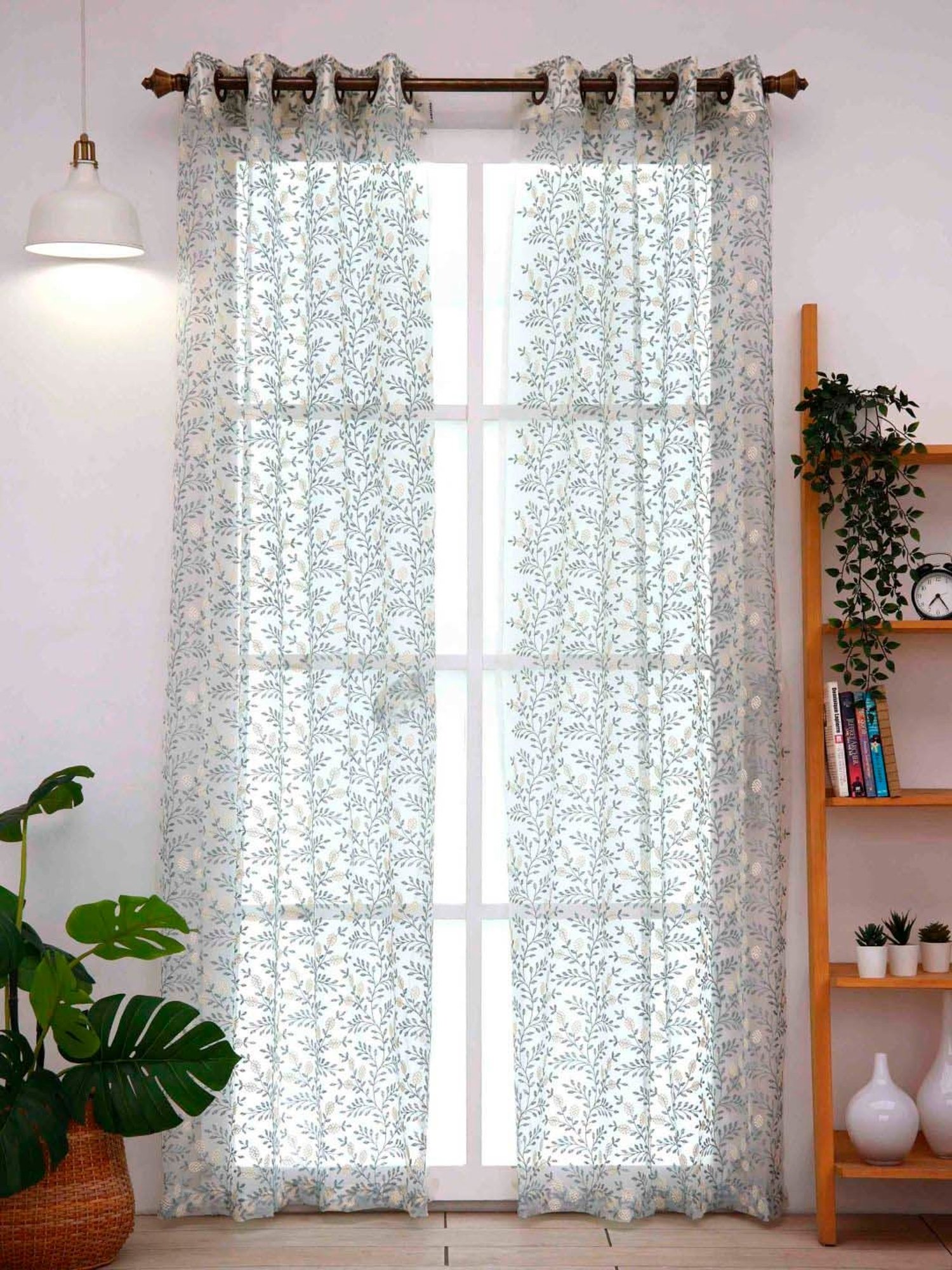 Ariana Rosalie White & Teal Blue Polyester 5 Ft. Window Sheer Curtain