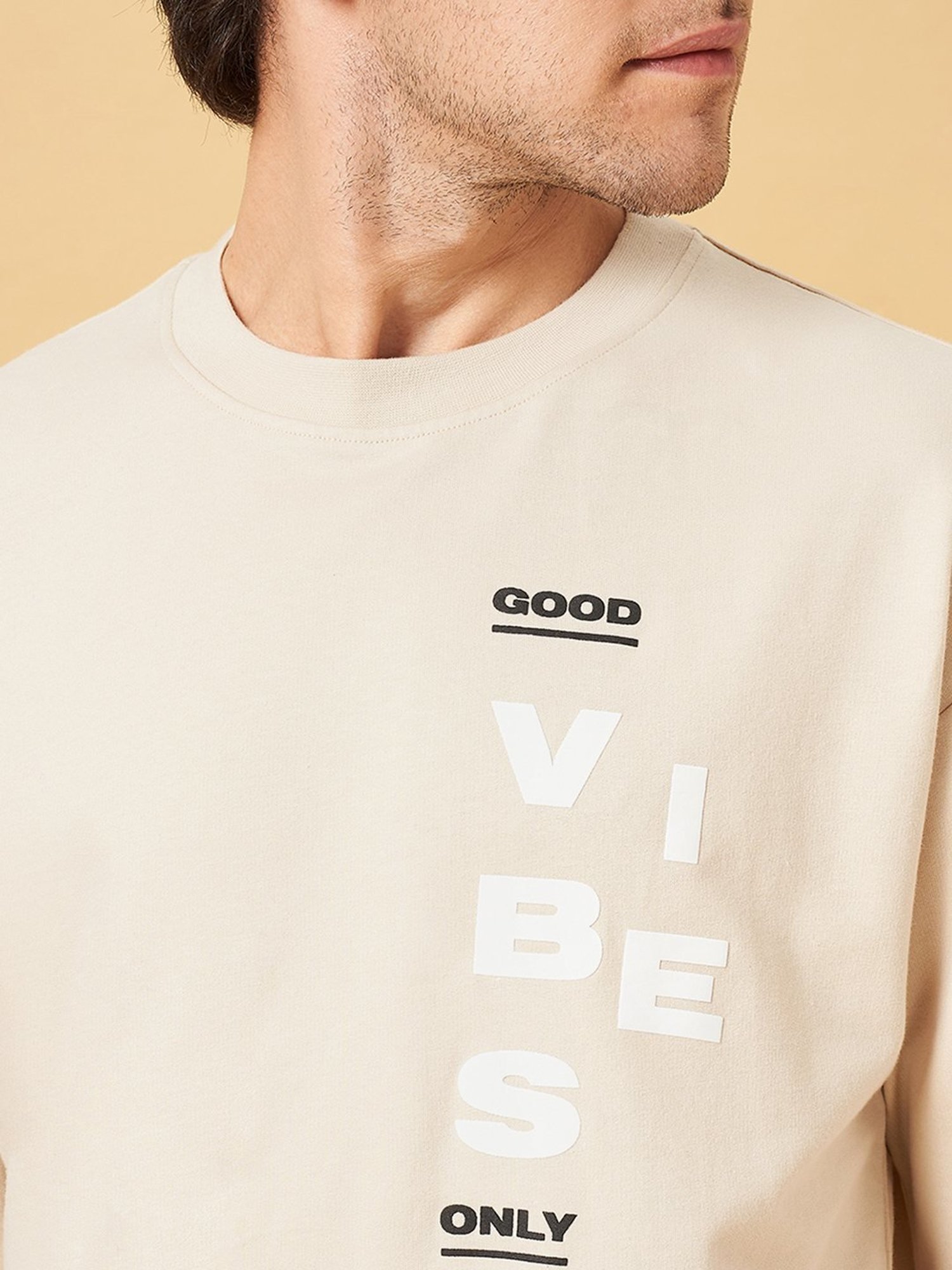 SF Jeans by Pantaloons Beige Cotton Regular Fit Printed T-Shirt