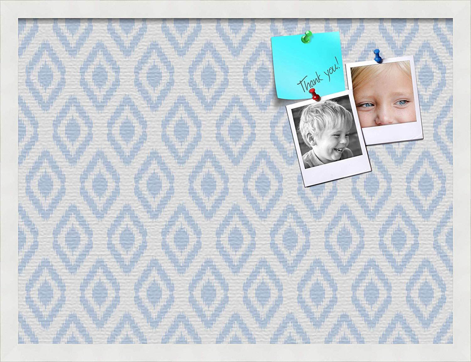 PinPix custom printed pin cork bulletin board made from canvas, Ikat Light Blue 24x18 Inches (Completed Size) and framed in Satin White Frame (PinPix-Group-65)