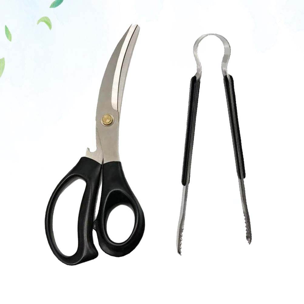 1 Set Barbecue Scissors Clip Set Barbecue Gadget Clamp Kitchen Gadget for Barbecue Home Household (Scissors + Clip Black + Silver)