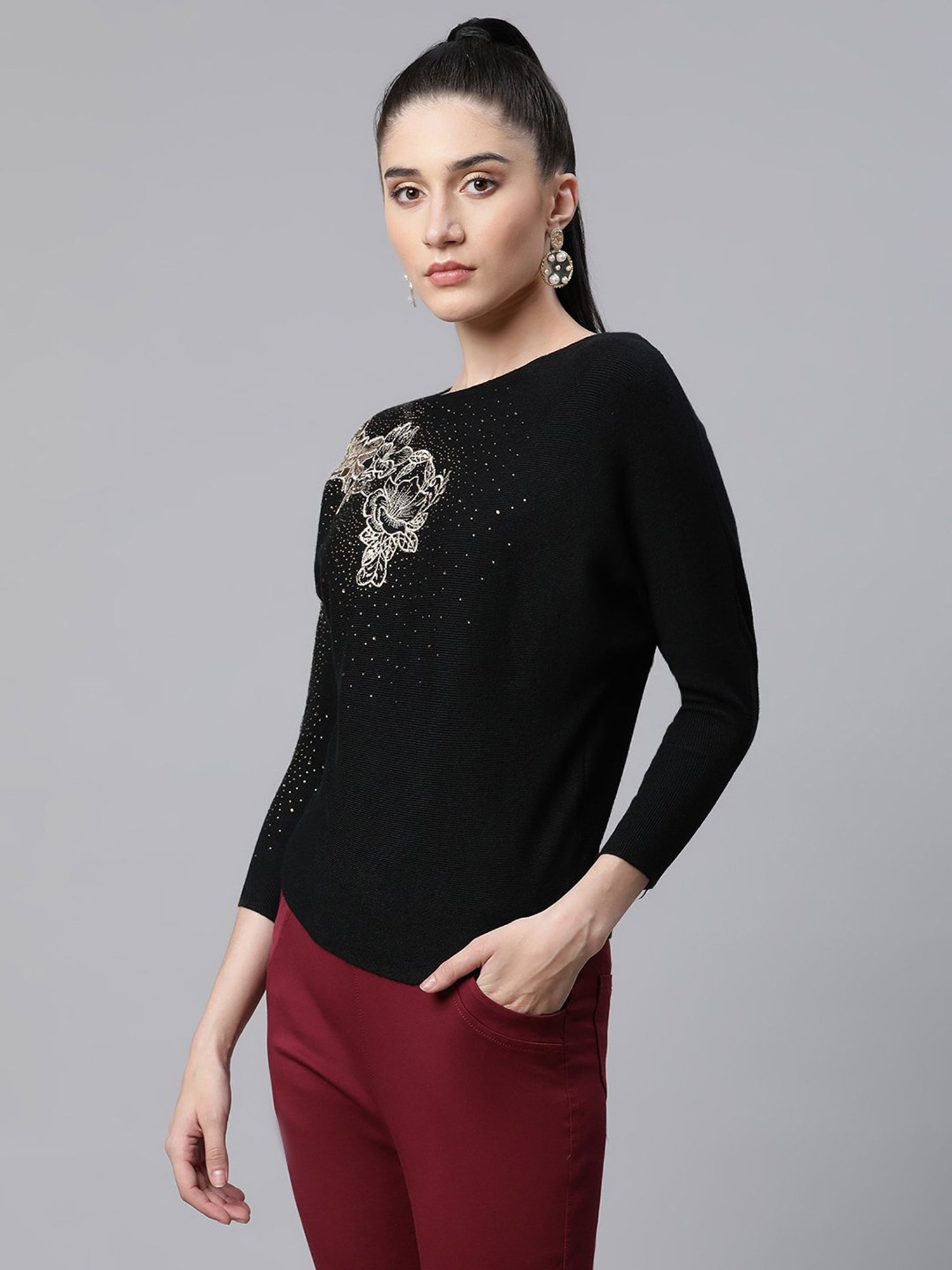 Global Republic Black Knitted Embellished Top