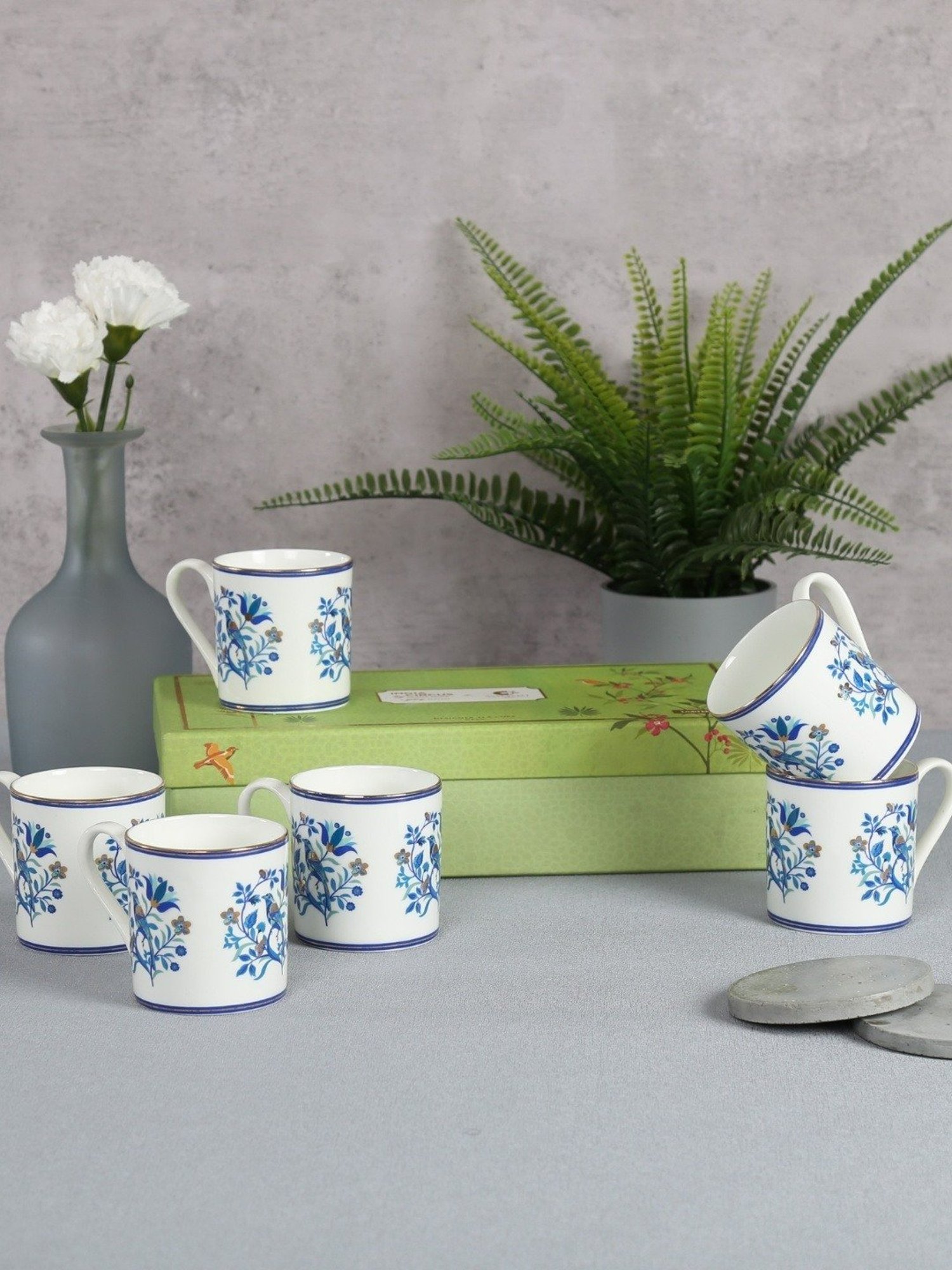 India Circus Floral Blue Bone China Coffee Mug - Set of 6 (220 ml)