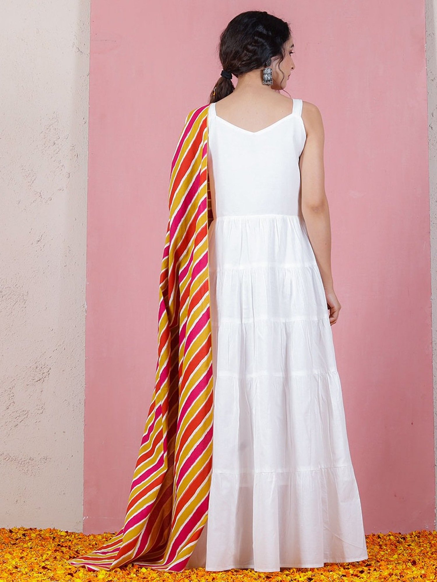 Rustorange White A Line Kurta With Dupatta