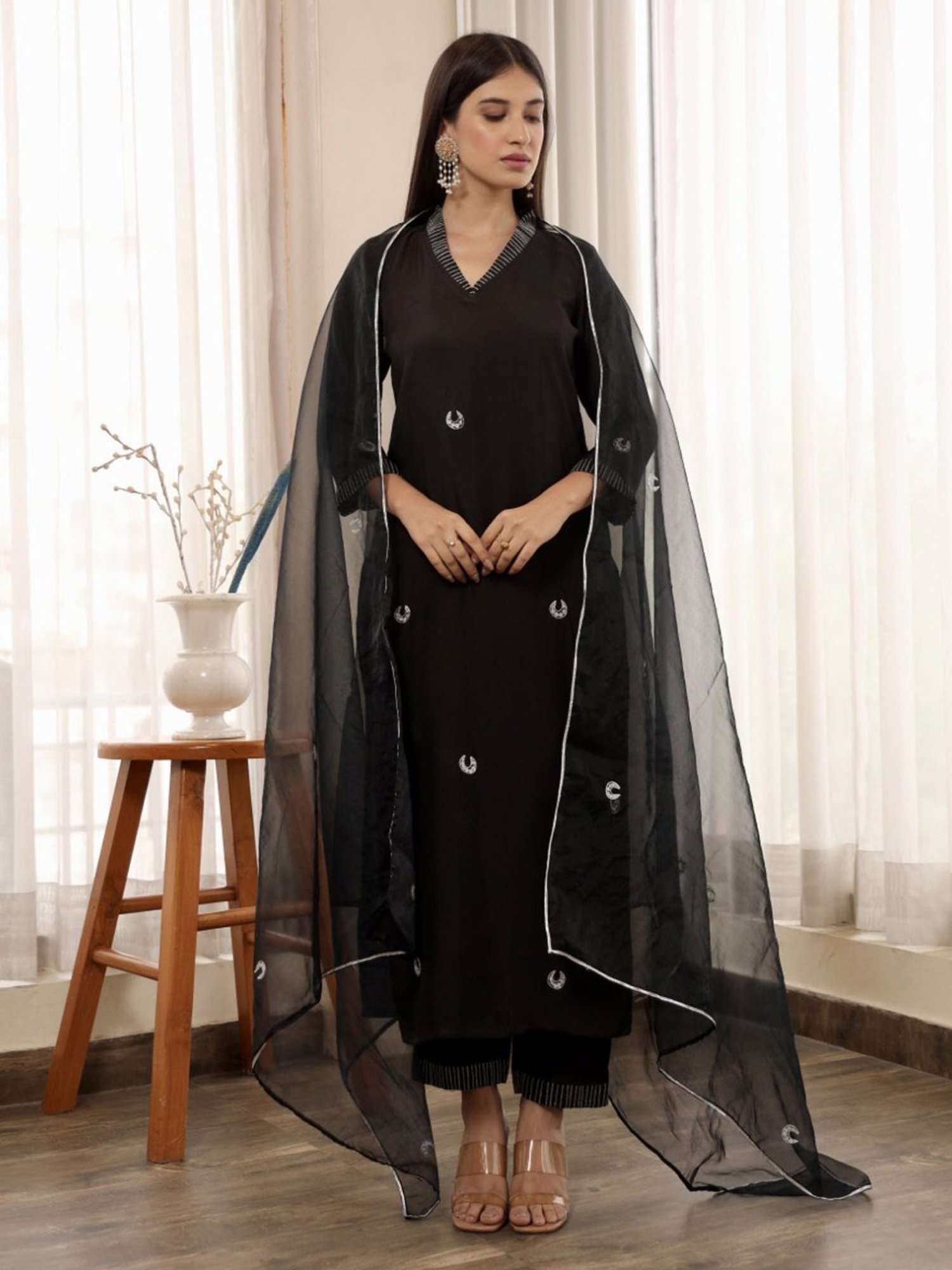 Asrumo Black Adah Monsoon Chand Embellished Muslin Straight Kurta with Pant and Dupatta Set