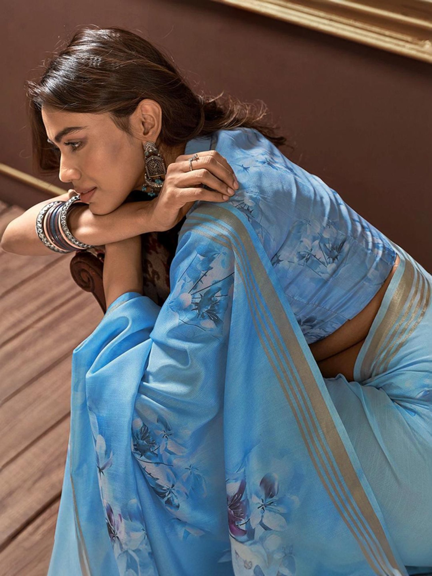 Satrani Blue Floral Print Saree With Unstitched Blouse