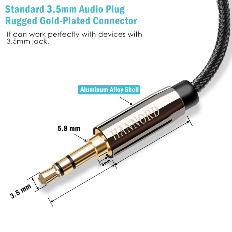 AUX Cable, Hannord 3.5mm Nylon Braided Stereo AUX Cable Male to Male Hi-Fi Sound AUX Cord Auxiliary Audio Cable for Car, Headphone, Speaker, Home Stereo, iPhone, Echo(6.6 Feet / 2 Meters)