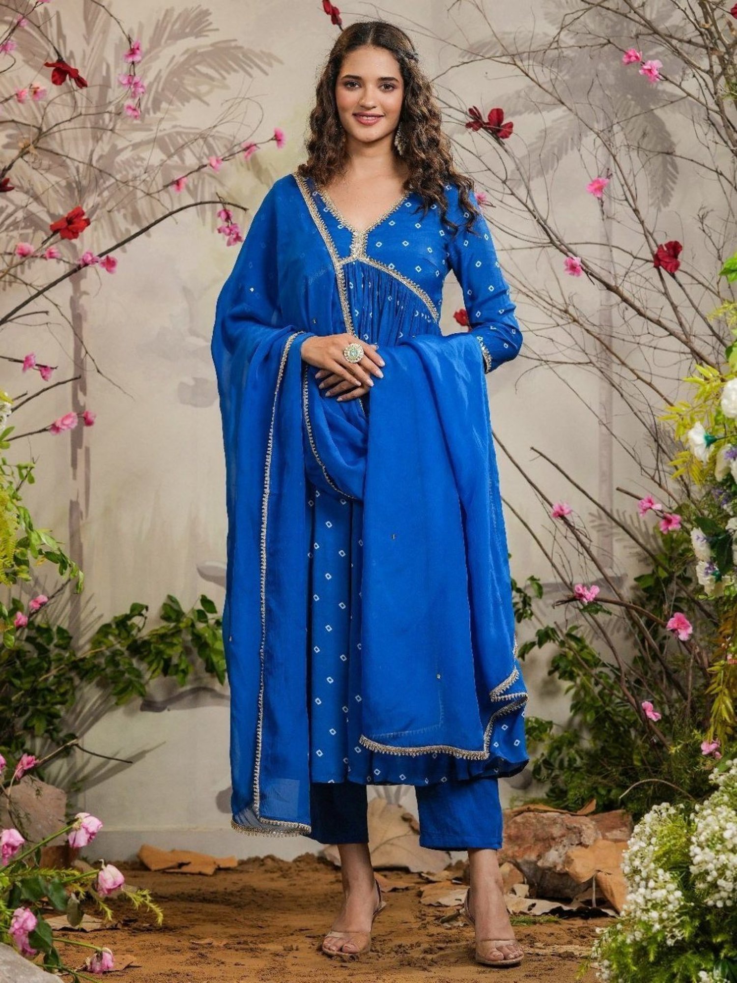 Everbloom Blue Meenal Bandhej Alia Cut Kurti With Pant & Dupatta