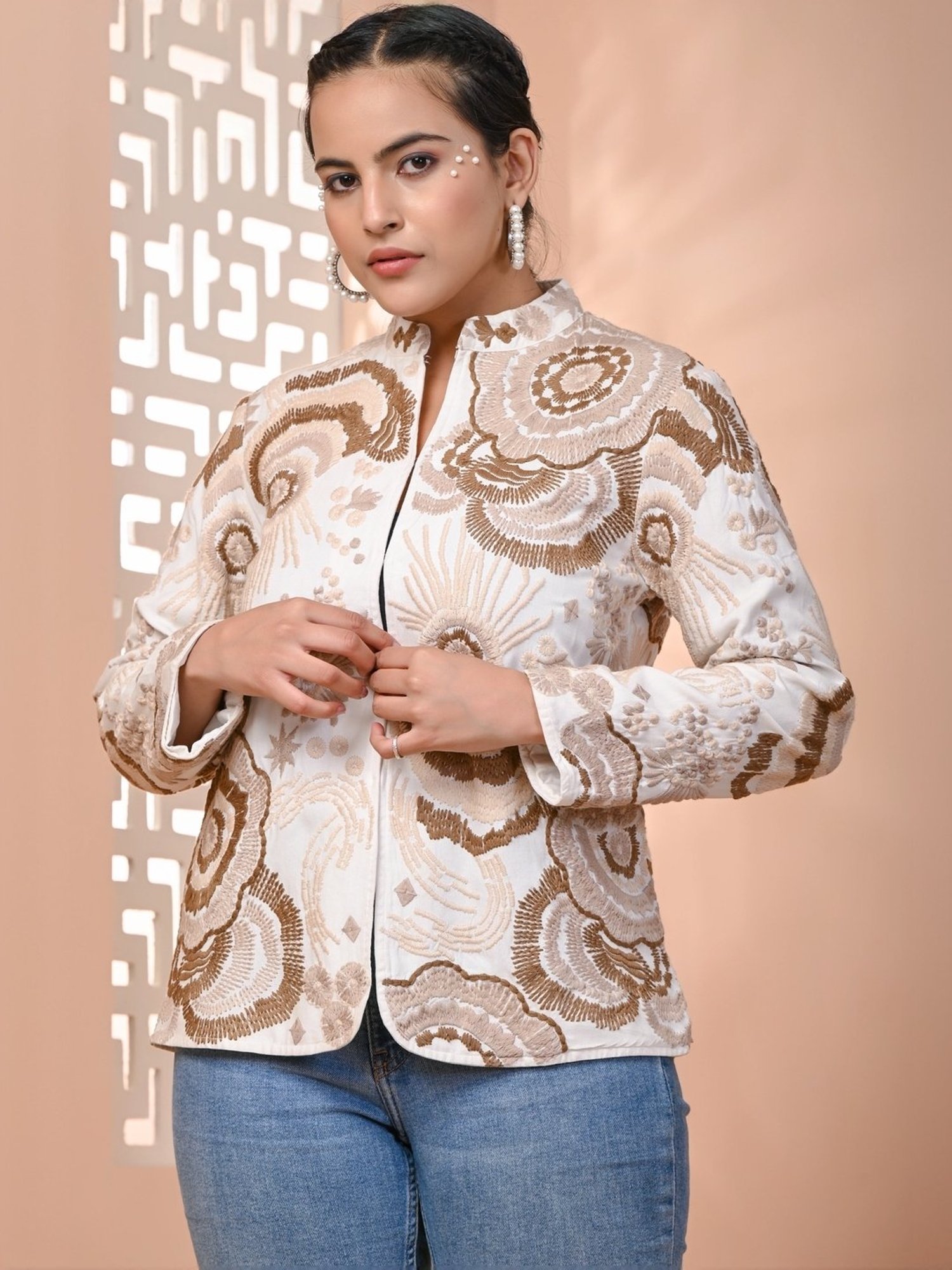Zolo Label Off-White Cotton Embroidered Jacket
