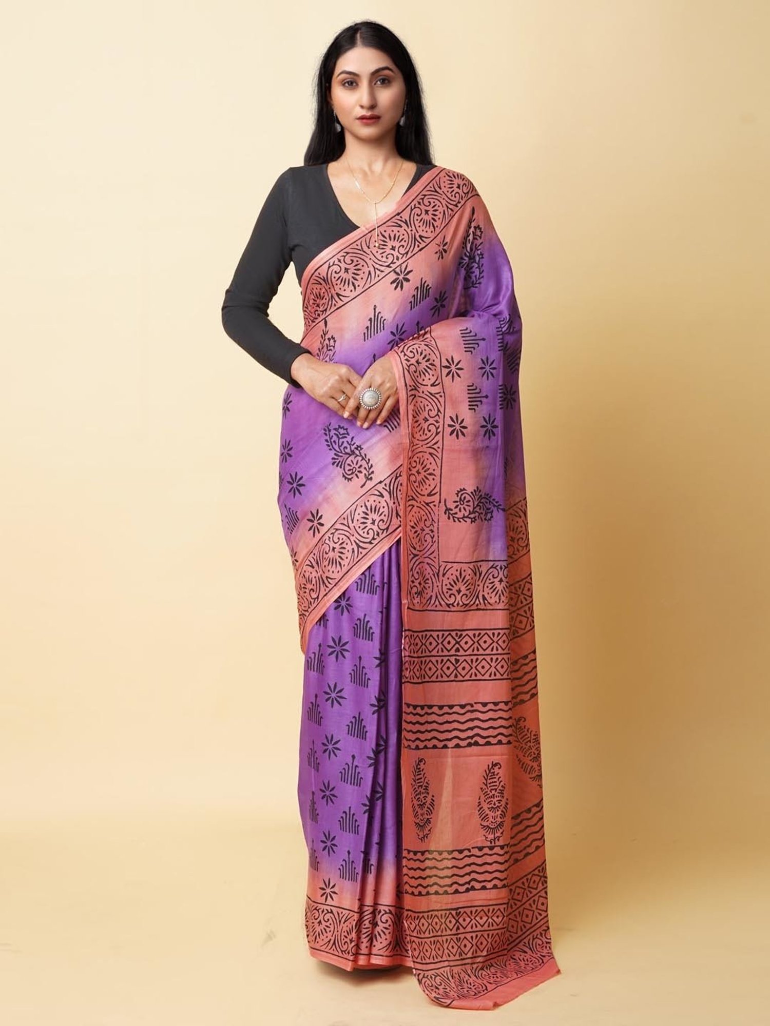 Unnati Silks Purple & Brown Cotton Printed Saree With Unstitched Blouse