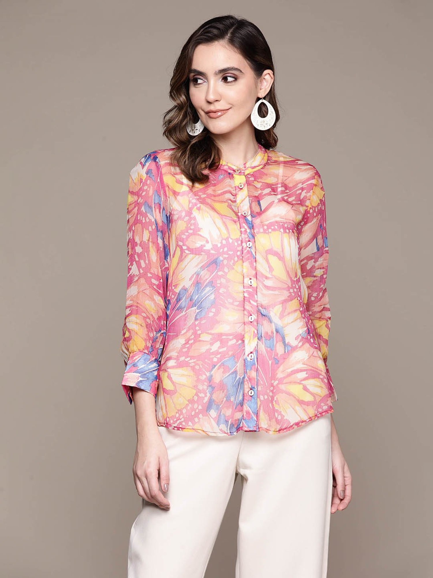 Label Ritu Kumar Pink Printed Shirt With Camisole