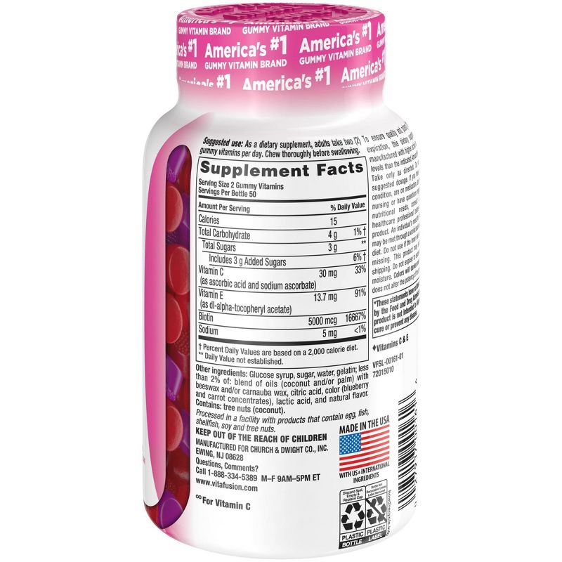 Vitafusion Beautiful Hair Supplement Gummies with Biotin - Natural Berry Plum Flavor - 100ct