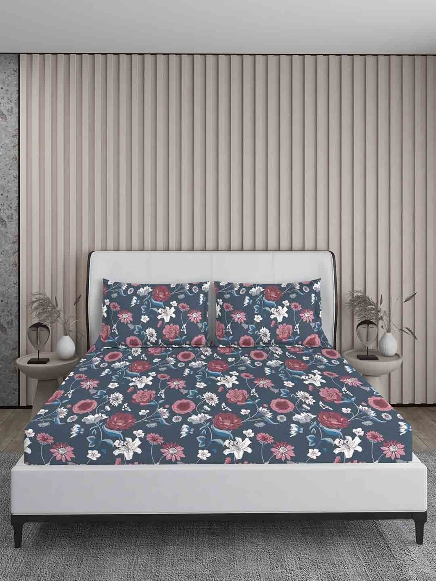 Boutique Living Magnifique  Floral Blue 200 TC Cotton King Bed Sheet with 2 Pillow Covers