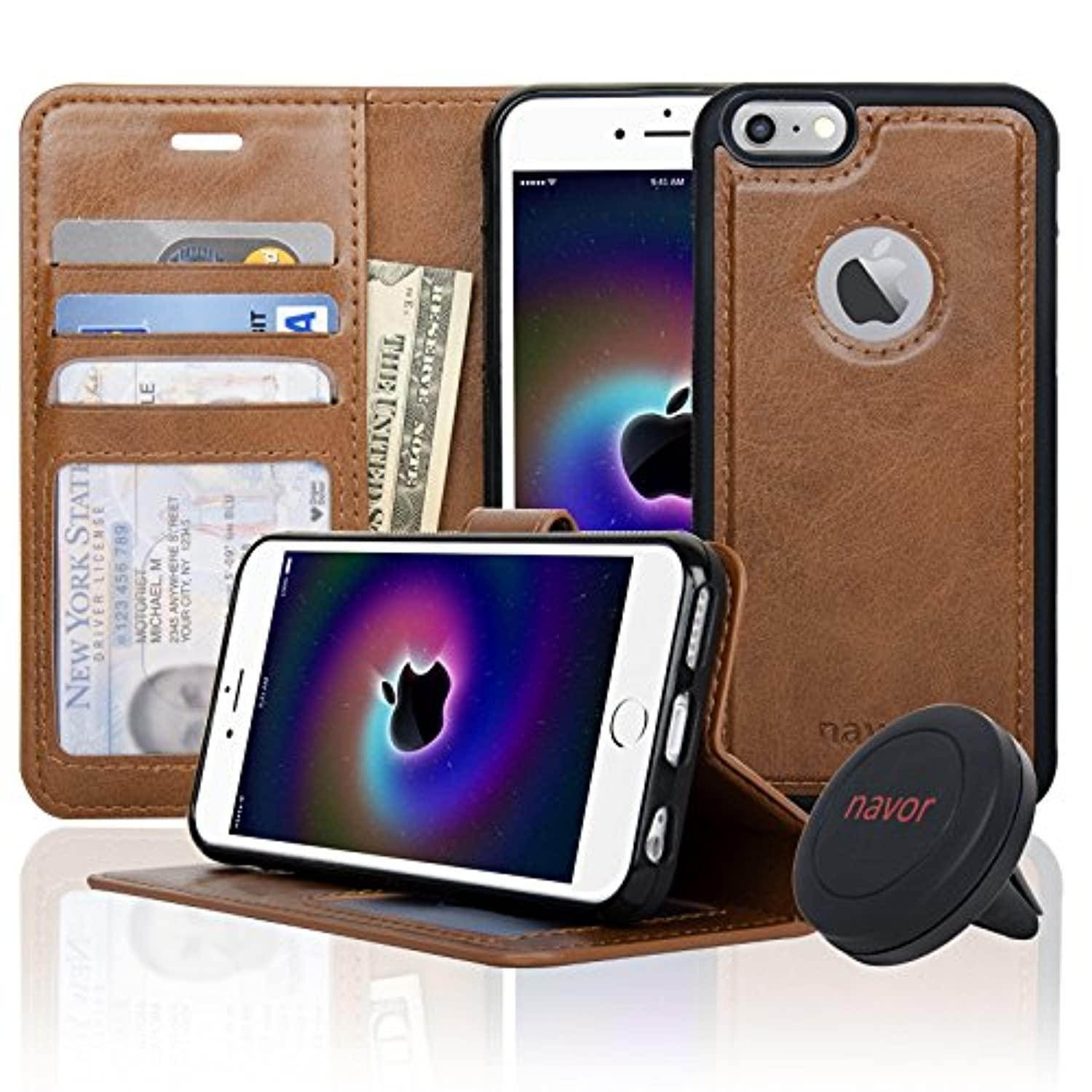 navor detachable magnetic wallet case & universal car mount compatible for iphone 6 / 6s [rfid theft protection] joot-1l series - brown