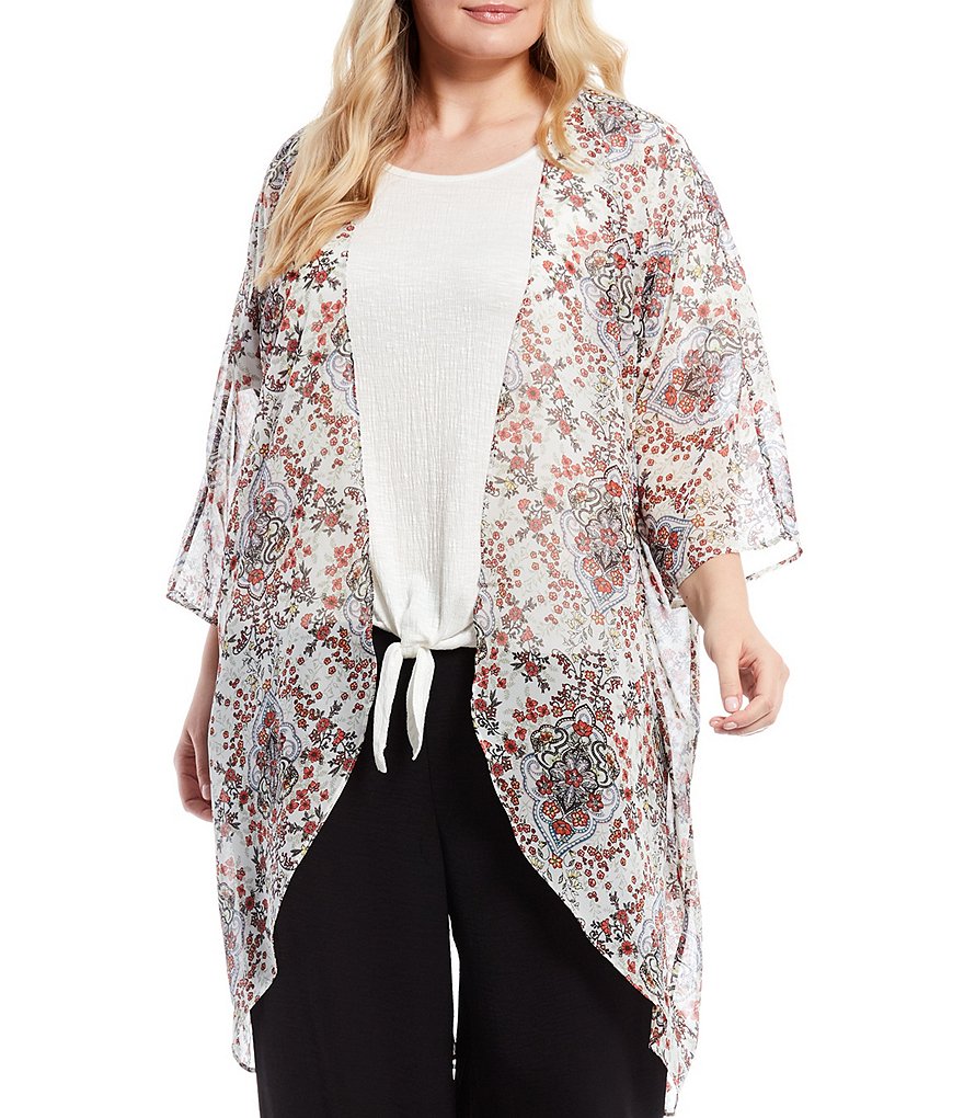I.N. Studio Plus Size Medallion Floral Print Chiffon Open-Front Kimono
