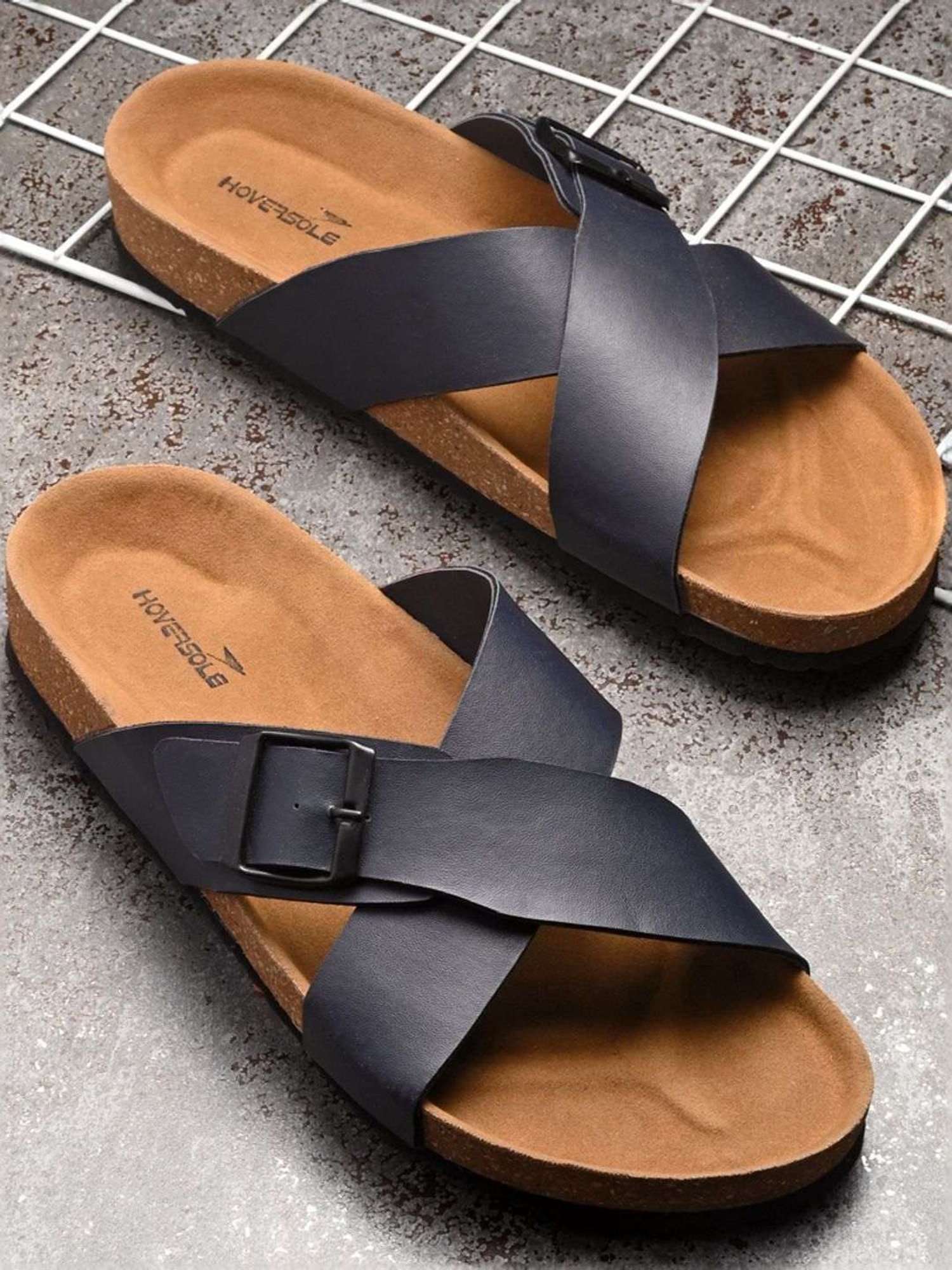 Hoversole Men's Navy Cork Cross Strap Sandals