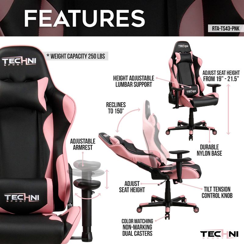 Ergonomic High Back Racer Style PC Gaming Chair Pink - Techni Sport