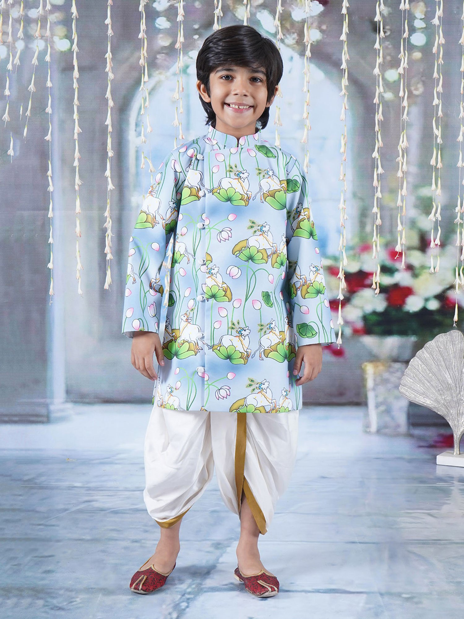 Little Bansi Kids Blue & White Printed Full Sleeves Sherwani with Dhoti
