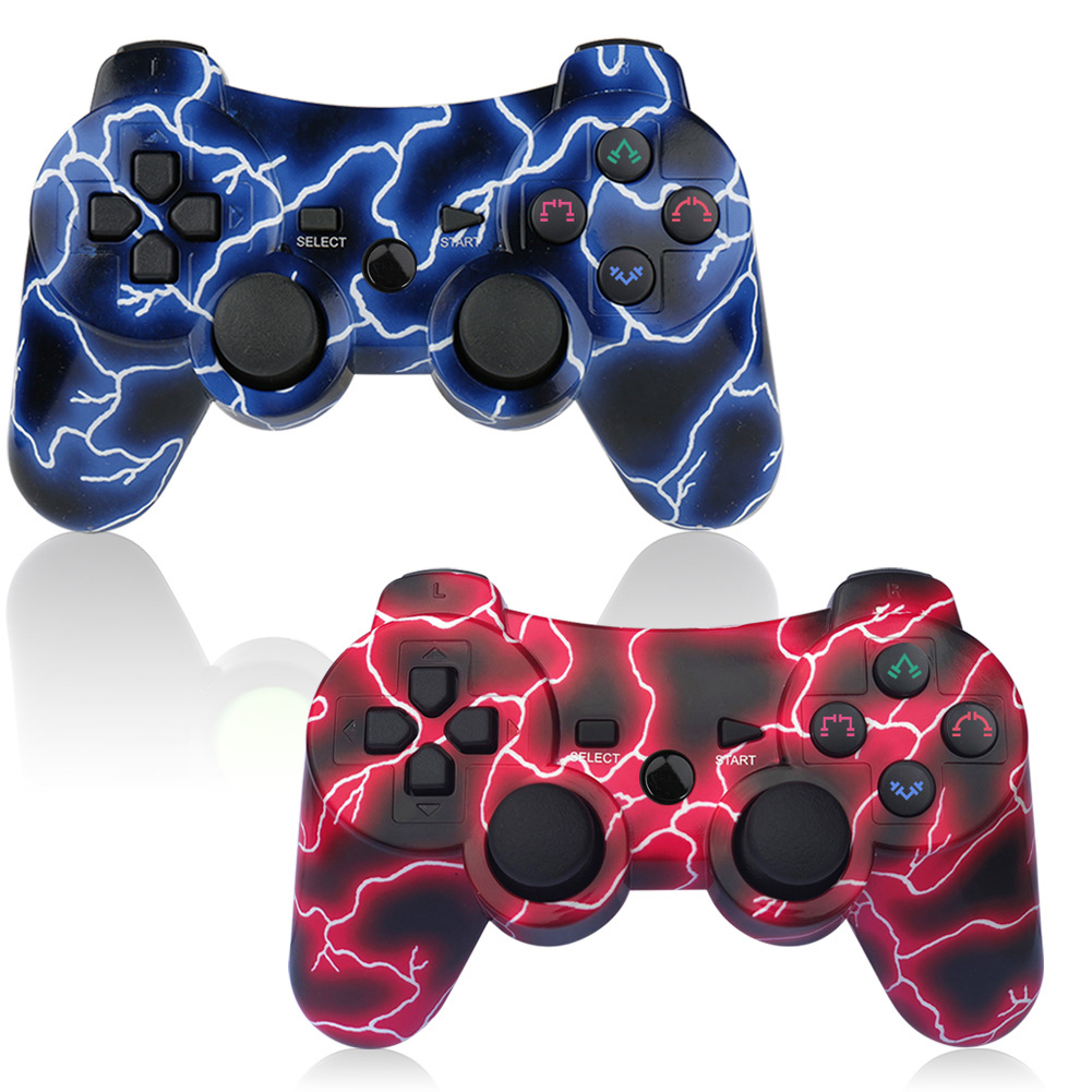 CHENGDAO PS3 Controller 2 Pack Wireless Dual Shock Gamepad for Sony Playstation 3 with Charging Cord (blue lightning + red lightning)