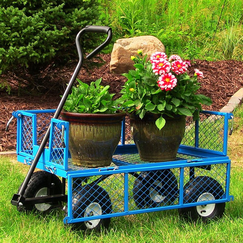 Sunnydaze Outdoor Lawn and Garden Heavy-Duty Durable Steel Mesh Utility Wagon Cart with Removable Sides - Blue