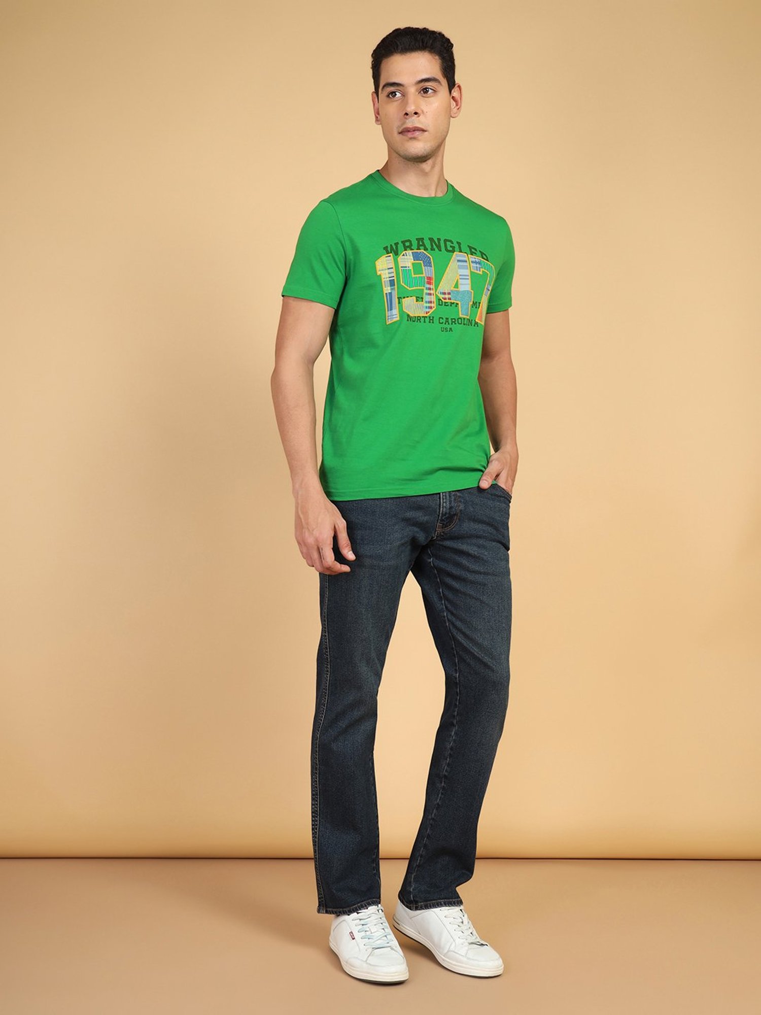 Wrangler Green Regular Fit Printed Cotton Crew T-Shirt