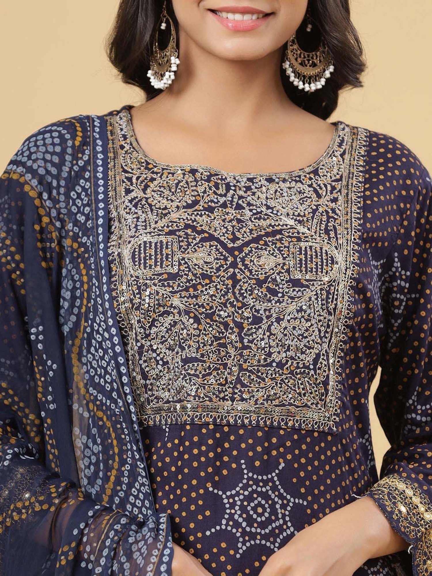 Juniper Navy Blue Bandhani Printed & Embroidered Rayon Kurta Pants Dupatta with Sequins & Zari Work